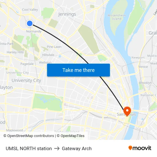 UMSL NORTH station to Gateway Arch map
