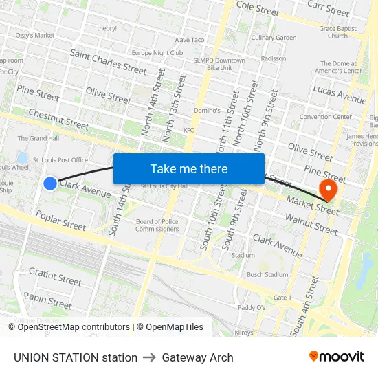 UNION STATION station to Gateway Arch map