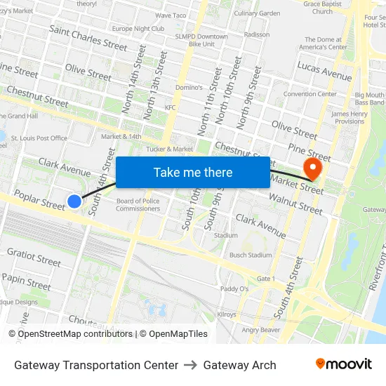 Gateway Transportation Center to Gateway Arch map