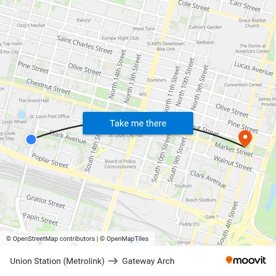 Union Station (Metrolink) to Gateway Arch map