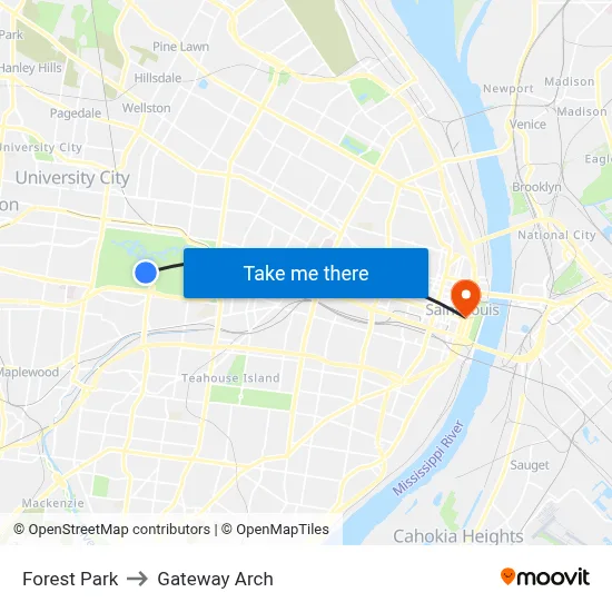 Forest Park to Gateway Arch map
