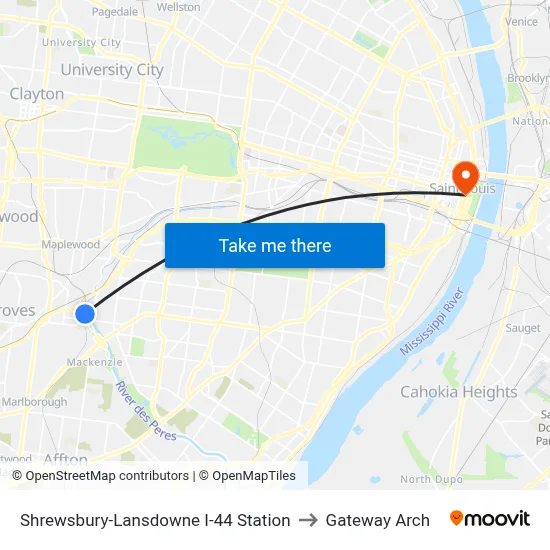 Shrewsbury-Lansdowne I-44 Station to Gateway Arch map