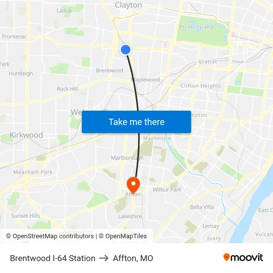 Brentwood I-64 Station to Affton, MO map