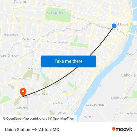 Union Station to Affton, MO map
