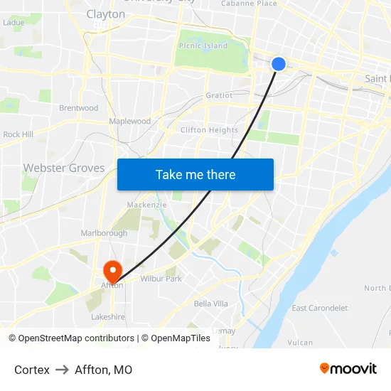Cortex to Affton, MO map