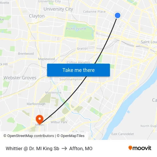 Whittier @ Dr. Ml King Sb to Affton, MO map