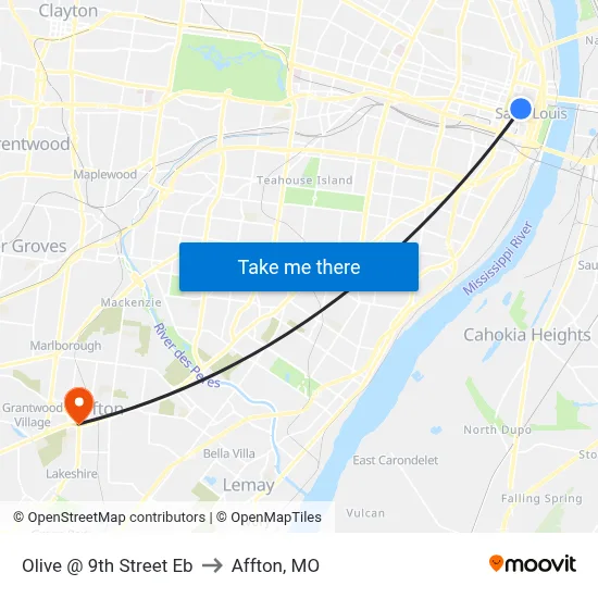 Olive @ 9th Street Eb to Affton, MO map