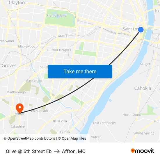 Olive @ 6th Street Eb to Affton, MO map