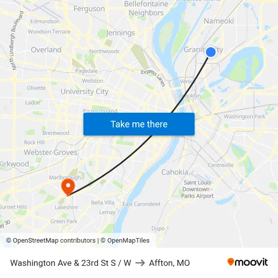 Washington Ave & 23rd St S / W to Affton, MO map