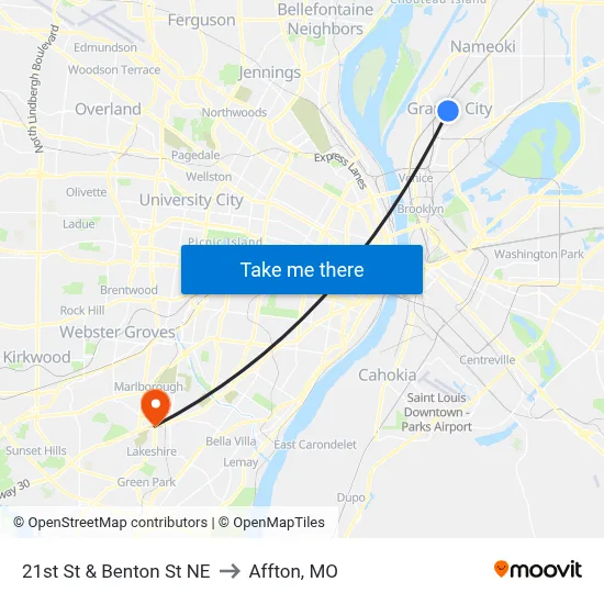 21st St & Benton St NE to Affton, MO map