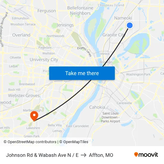 Johnson Rd & Wabash Ave NE to Affton, MO map