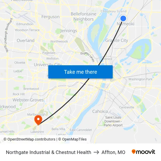 Northgate Industrial & Chestnut Health to Affton, MO map