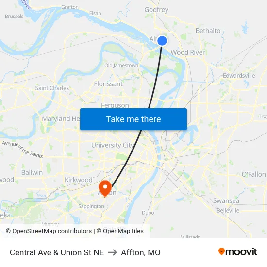 Central Ave & Union St NE to Affton, MO map