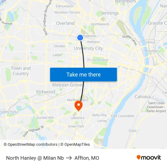 North Hanley @ Milan Nb to Affton, MO map