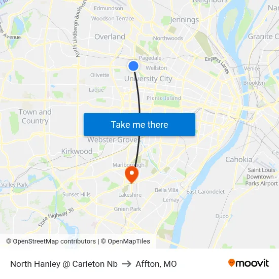 North Hanley @ Carleton Nb to Affton, MO map