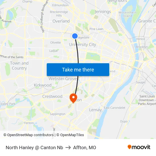 North Hanley @ Canton Nb to Affton, MO map