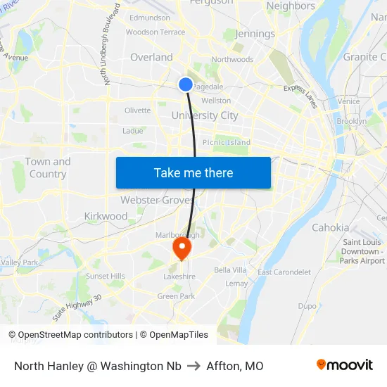 North Hanley @ Washington Nb to Affton, MO map