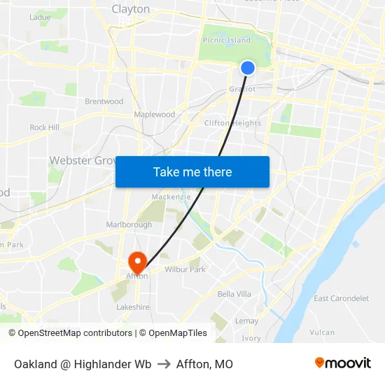 Oakland @ Highlander Wb to Affton, MO map