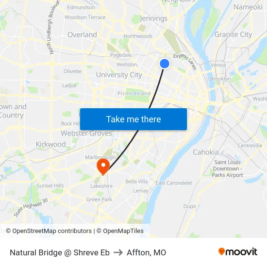 Natural Bridge @ Shreve Eb to Affton, MO map