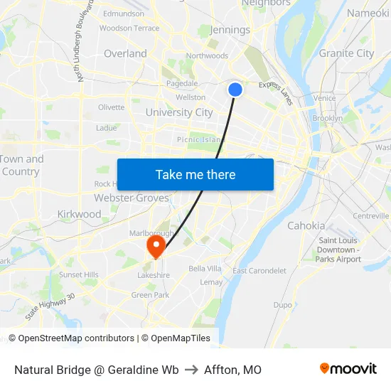 Natural Bridge @ Geraldine Wb to Affton, MO map