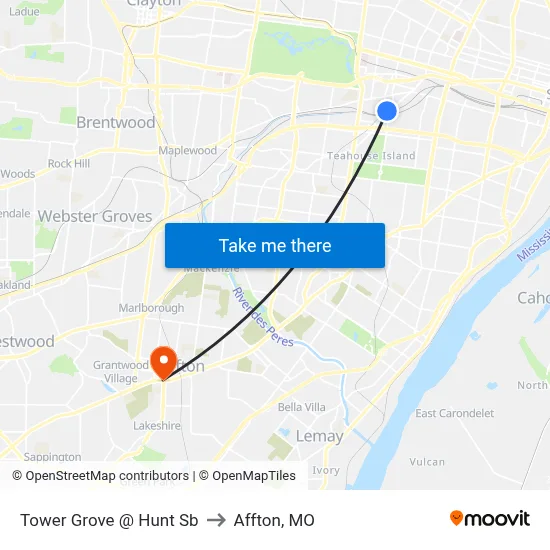 Tower Grove @ Hunt Sb to Affton, MO map