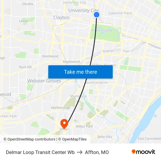 Delmar Loop Transit Center Wb to Affton, MO map