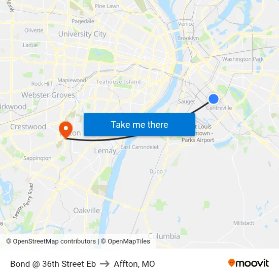 Bond @ 36th Street Eb to Affton, MO map