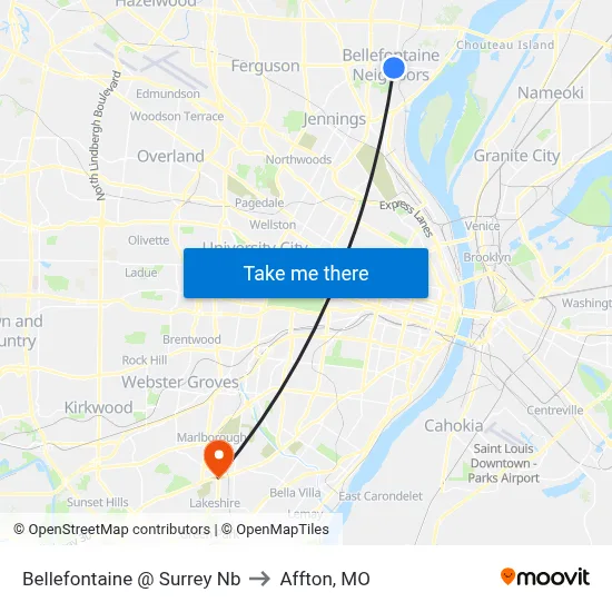 Bellefontaine @ Surrey Nb to Affton, MO map