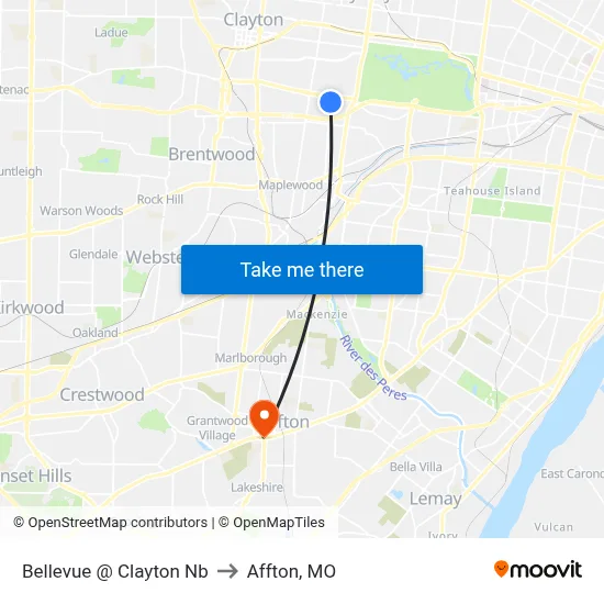 Bellevue @ Clayton Nb to Affton, MO map