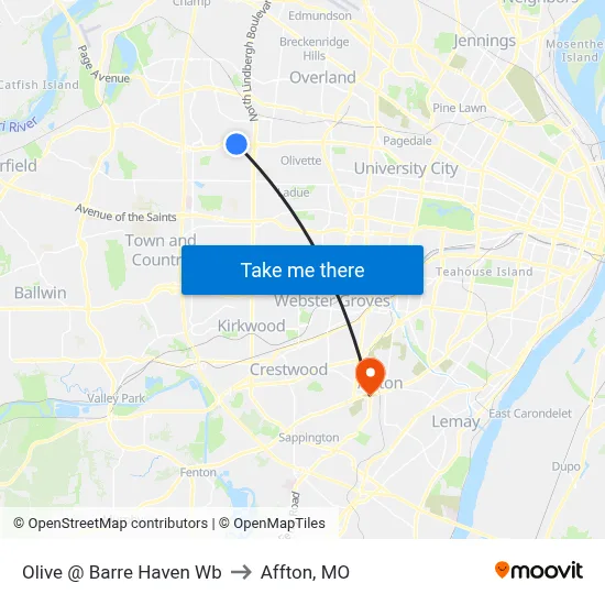Olive @ Barre Haven Wb to Affton, MO map