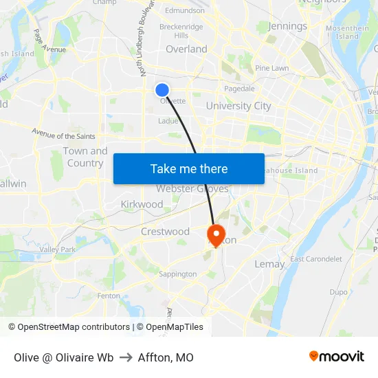 Olive @ Olivaire Wb to Affton, MO map