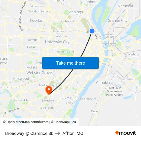 Broadway @ Clarence Sb to Affton, MO map