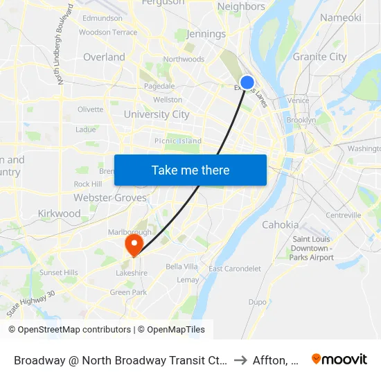 Broadway @ North Broadway Transit Ctr Sb to Affton, MO map