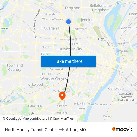 North Hanley Transit Center to Affton, MO map