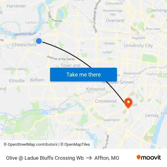 Olive @ Ladue Bluffs Crossing Wb to Affton, MO map