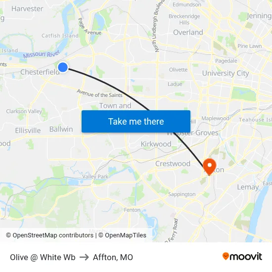 Olive @ White Wb to Affton, MO map