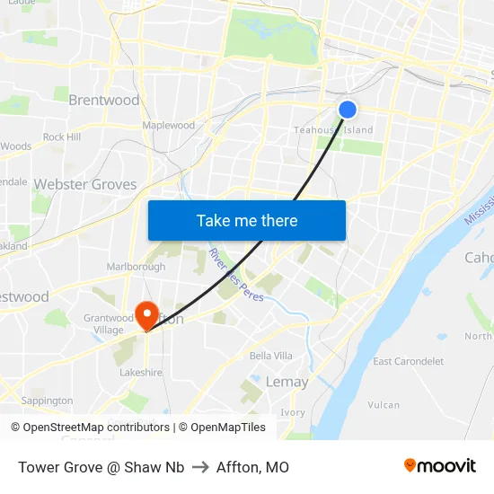 Tower Grove @ Shaw Nb to Affton, MO map