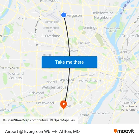 Airport @ Evergreen Wb to Affton, MO map