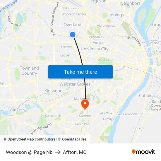 Woodson @ Page Nb to Affton, MO map
