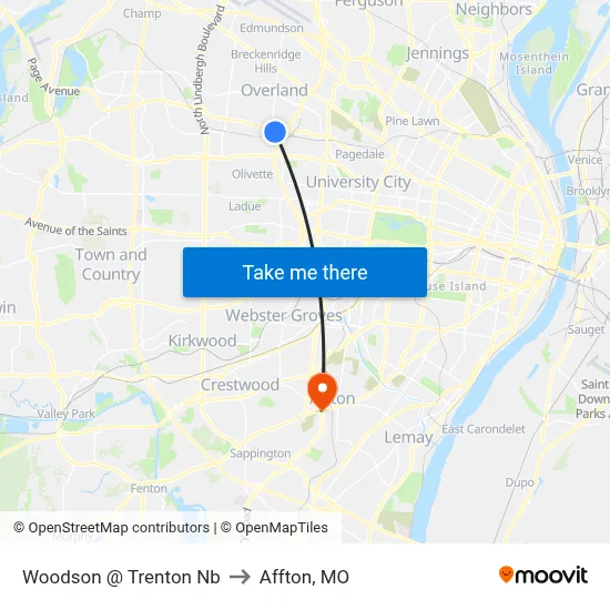 Woodson @ Trenton Nb to Affton, MO map