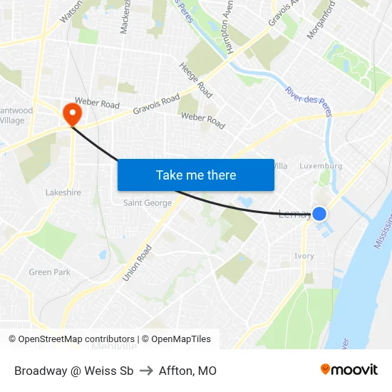 Broadway @ Weiss Sb to Affton, MO map