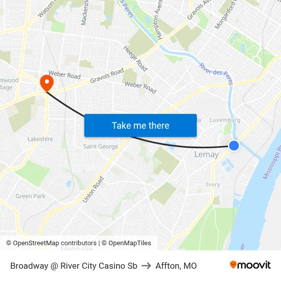 Broadway @ River City Casino Sb to Affton, MO map