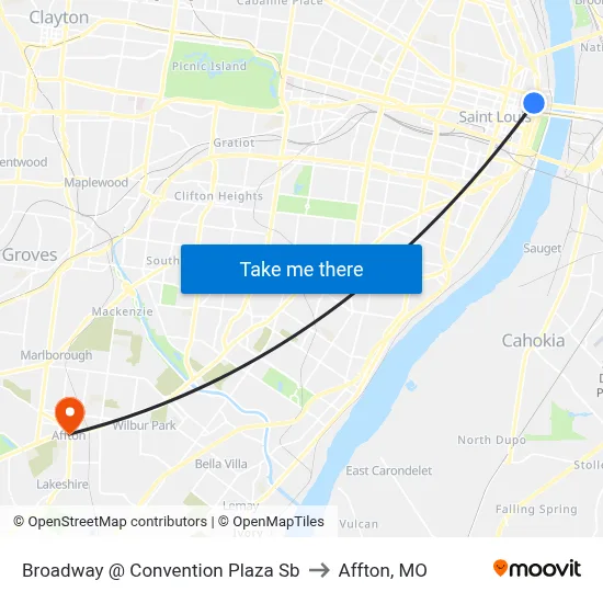 Broadway @ Convention Plaza Sb to Affton, MO map