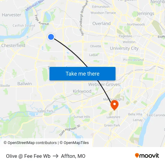 Olive @ Fee Fee Wb to Affton, MO map