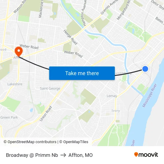 Broadway @ Primm Nb to Affton, MO map