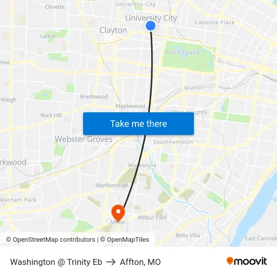 Washington @ Trinity Eb to Affton, MO map