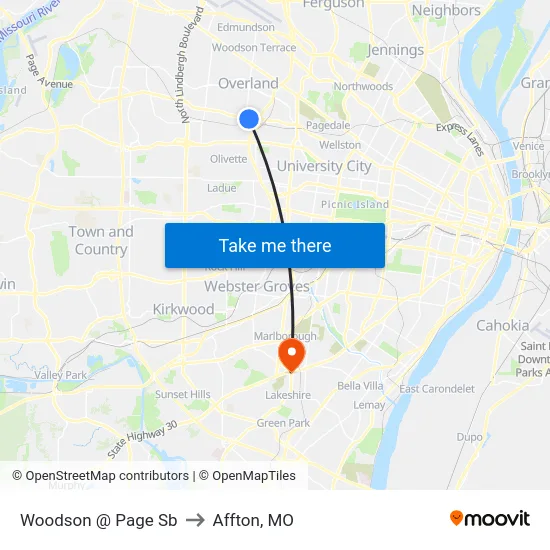 Woodson @ Page Sb to Affton, MO map