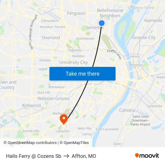 Halls Ferry @ Cozens Sb to Affton, MO map