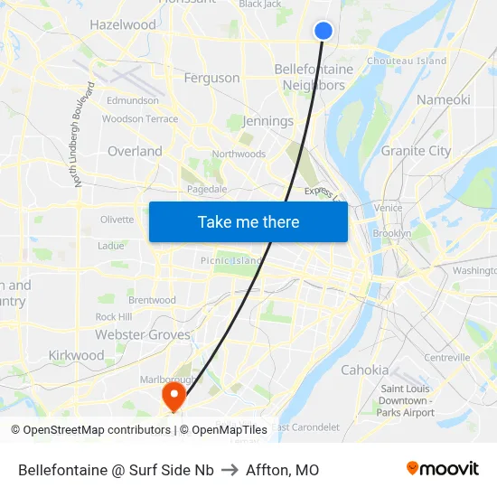Bellefontaine @ Surf Side Nb to Affton, MO map