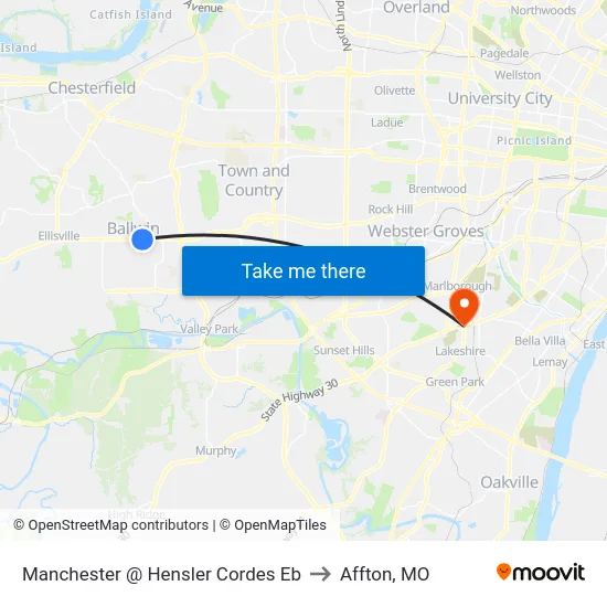 Manchester @ Hensler Cordes Eb to Affton, MO map